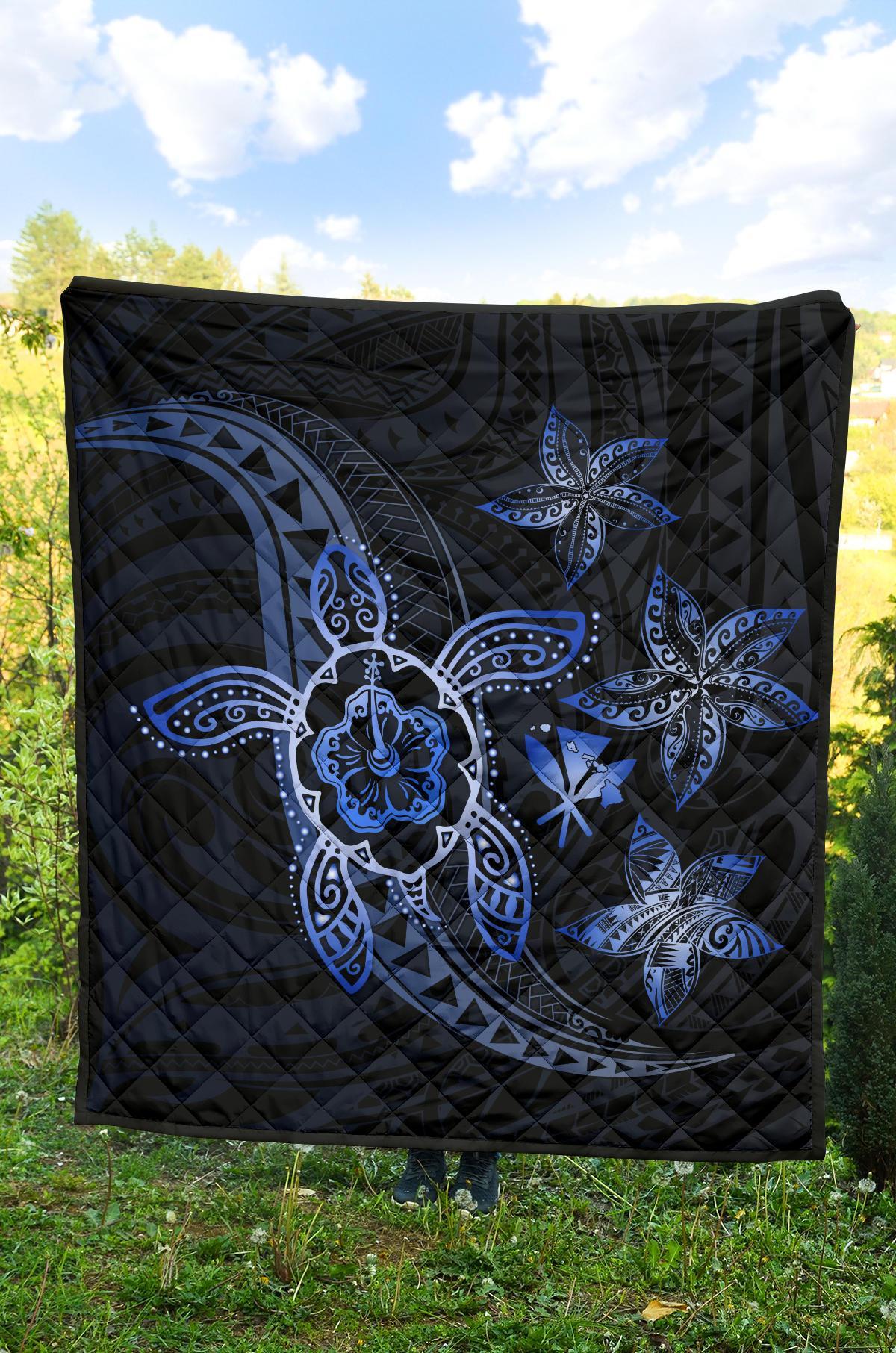 Kanaka Map Hibiscus Plumeria Turtle Art Blue Polynesian Premium Quilt - Polynesian Pride