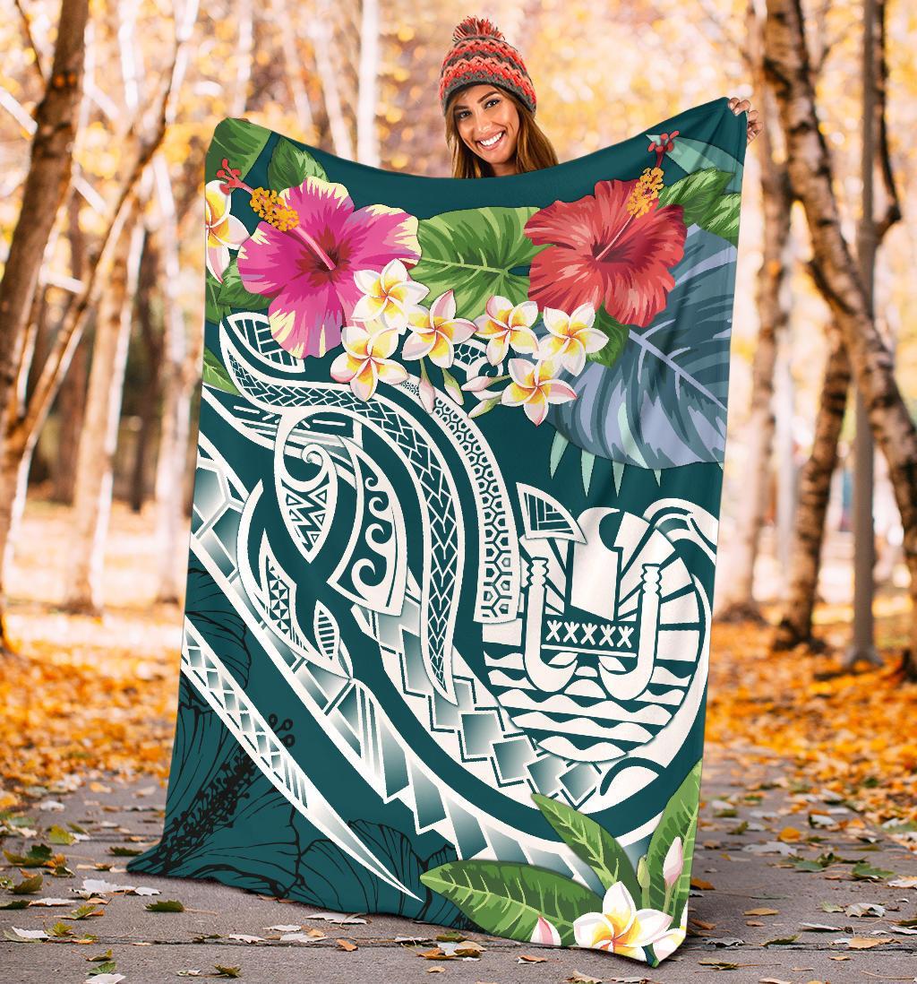 Tahiti Polynesian Premium Blanket - Summer Plumeria (Turquoise) - Polynesian Pride