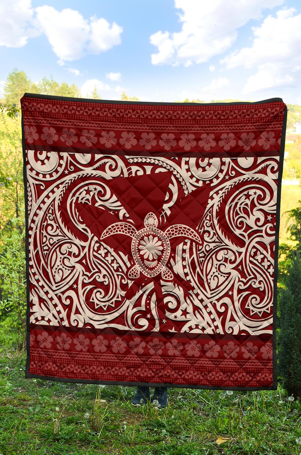 Hawaii Luxury Premium Quilt Red - Kanaka Maoli Turtle Polynesian Tattoo Pattern - Polynesian Pride