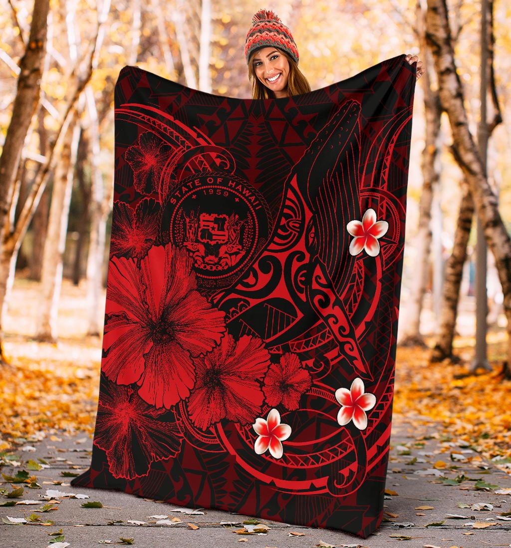 Polynesian Hawaii Premium Blanket - Humpback Whale with Hibiscus (Red) - Polynesian Pride