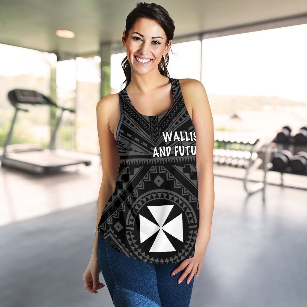 Wallis and Futuna Women Racerback Tanks - Wallis and Futuna Seal With Polynesian Tattoo Style Black - Polynesian Pride