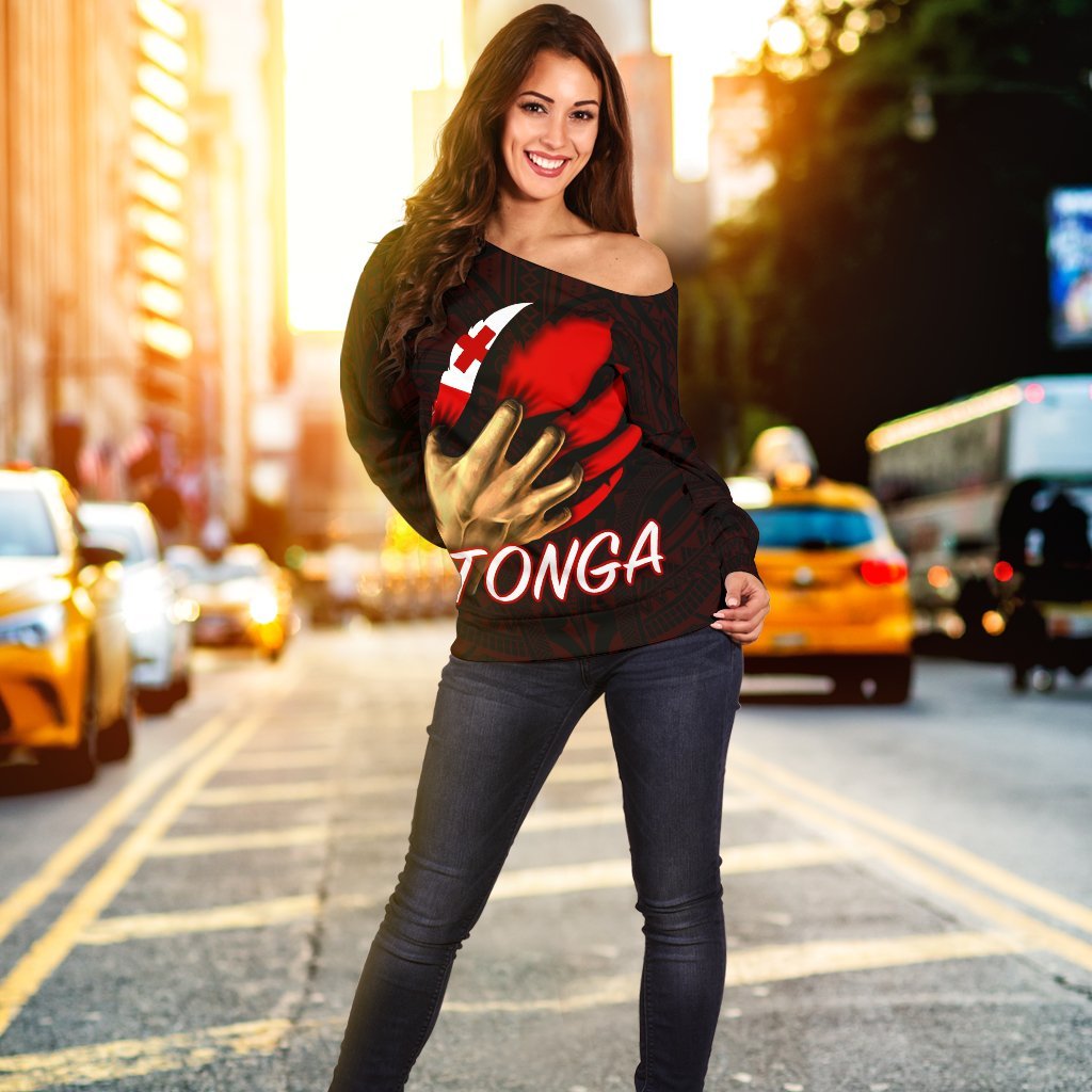 Tonga Women's Off Shoulder Sweater - Tonga In Me (Red) Red - Polynesian Pride