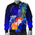 Tonga Men's Bomber Jacket - Humpback Whale with Tropical Flowers (Blue) - Polynesian Pride