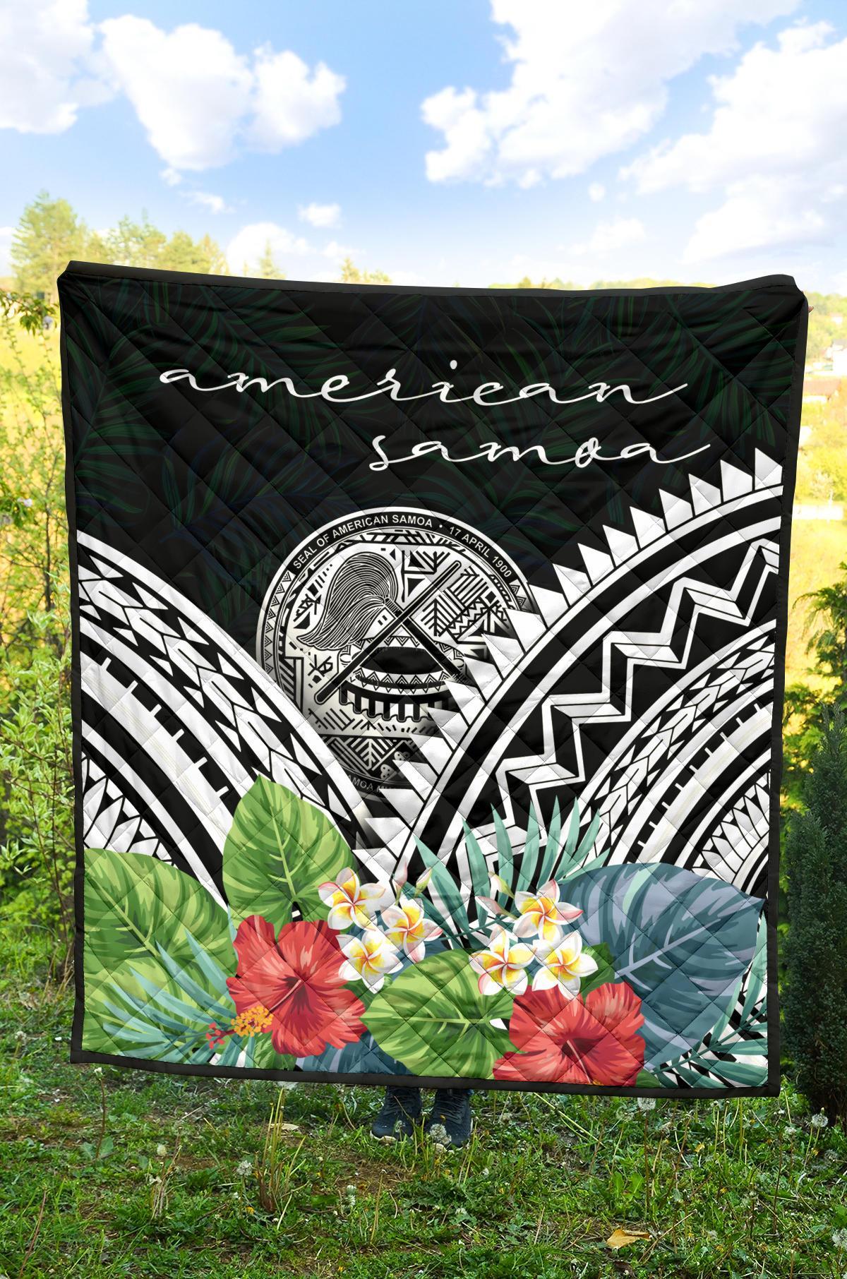 American Samoa Premium Quilt - American Samoa Coat of Arms & Polynesian Tropical Flowers White - Polynesian Pride