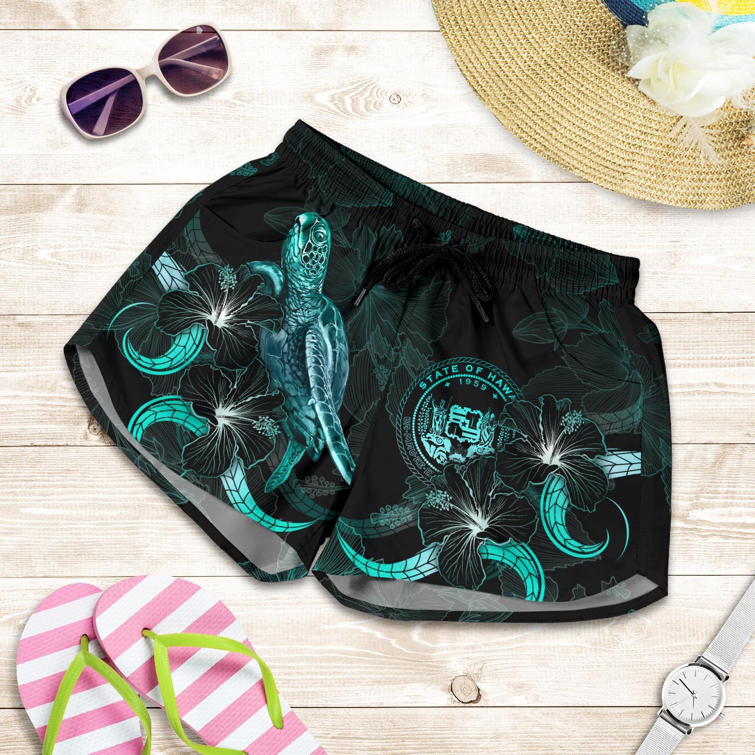 Hawaii Polynesian Women's Shorts - Turtle With Blooming Hibiscus Turquoise Women Turquoise - Polynesian Pride