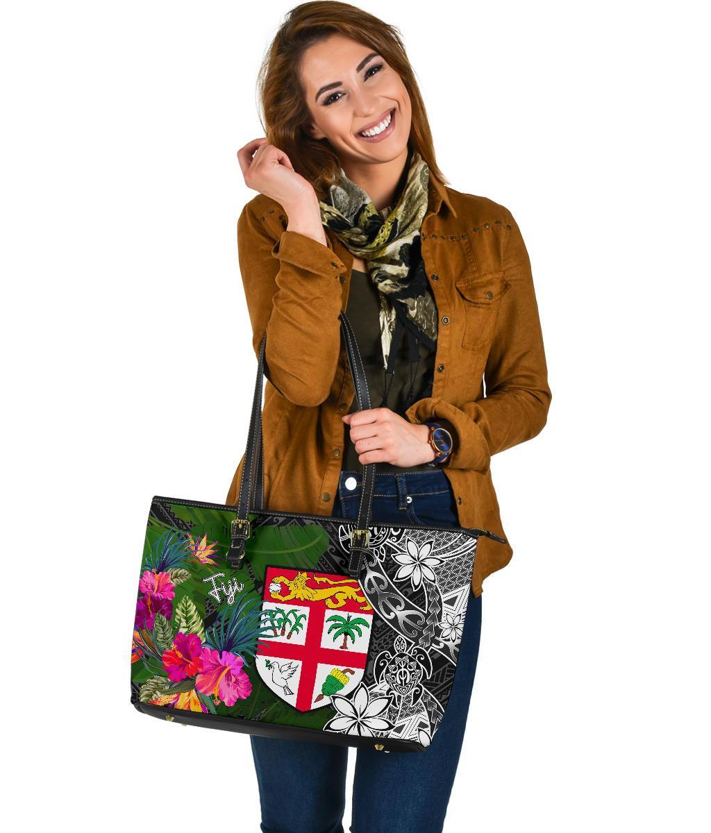 Fiji Large Leather Tote Bag - Turtle Plumeria Banana Leaf - Polynesian Pride