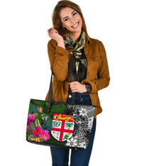 Fiji Large Leather Tote Bag - Turtle Plumeria Banana Leaf - Polynesian Pride