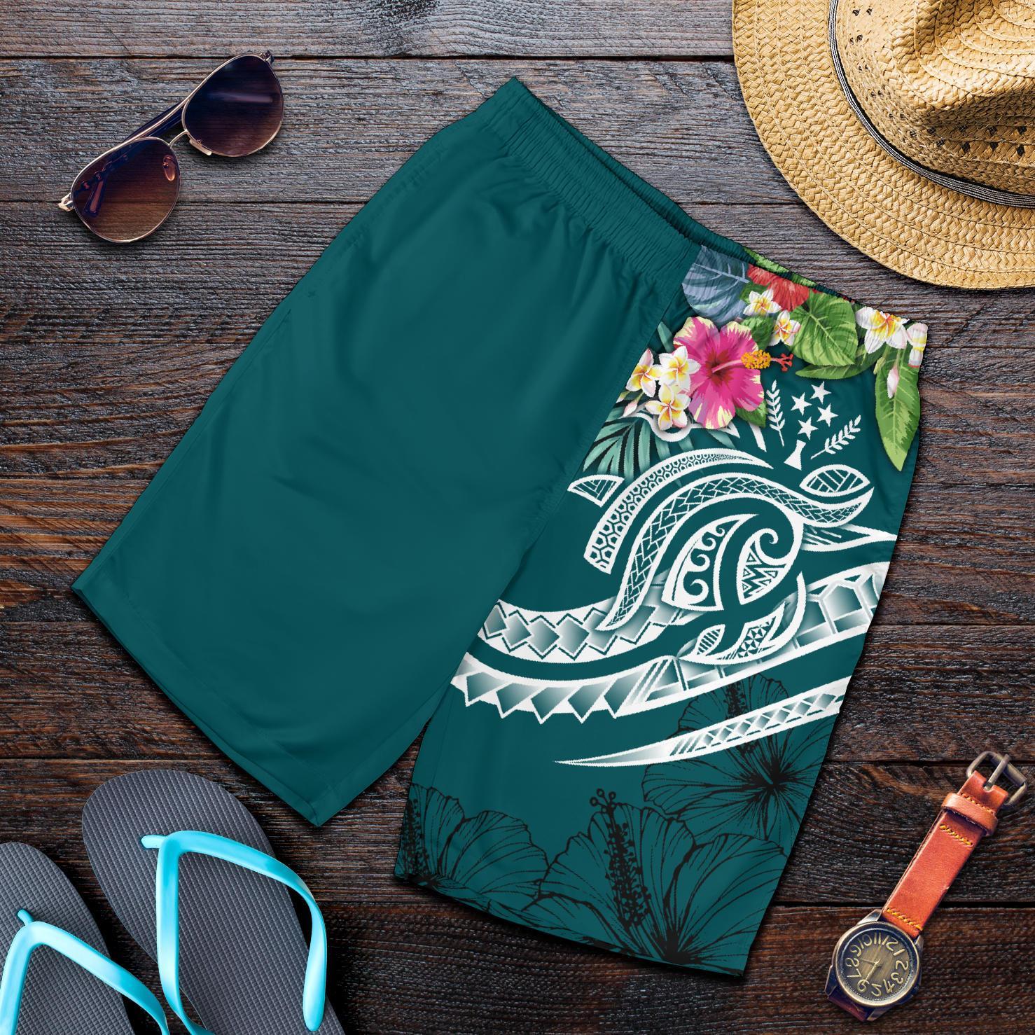 Kosrae Polynesian Men's Shorts - Summer Plumeria (Turquoise) Turquoise - Polynesian Pride