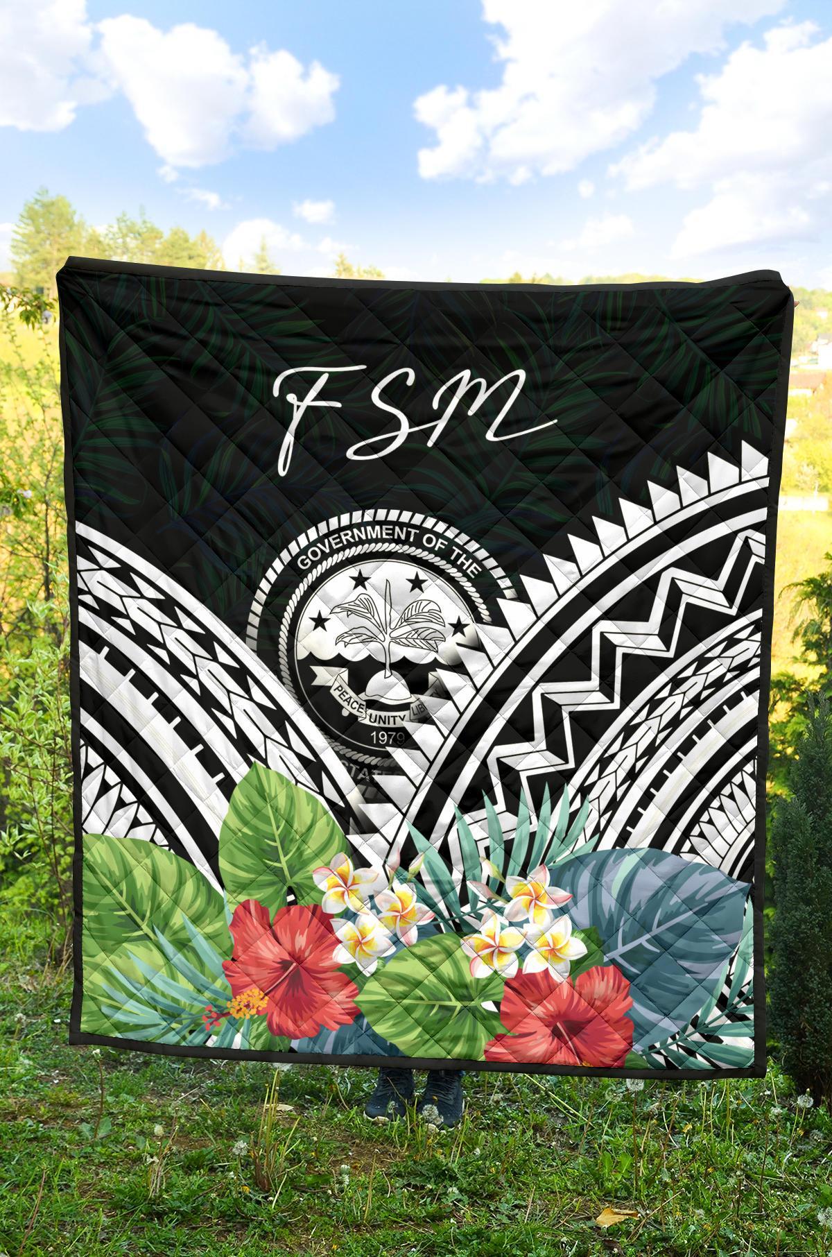 FSM Premium Quilt - FSM Coat of Arms & Polynesian Tropical Flowers White - Polynesian Pride