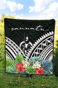 Vanuatu Premium Quilt - Vanuatu Coat of Arms & Polynesian Tropical Flowers White - Polynesian Pride