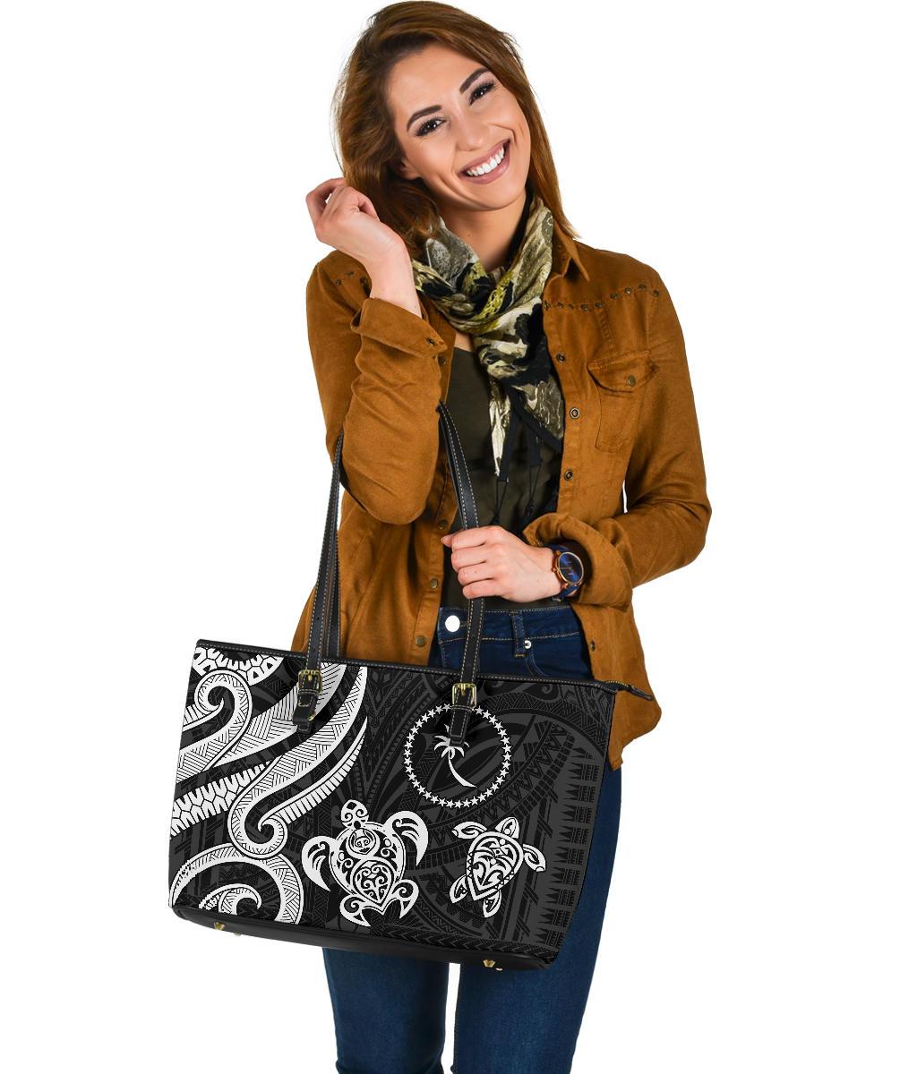 Chuuk Micronesian Large Leather Tote Bag - White Tentacle Turtle - Polynesian Pride