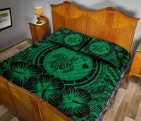 Hawaiian Map Honu Hibiscus Green Polynesian Quilt Bed Set - Polynesian Pride