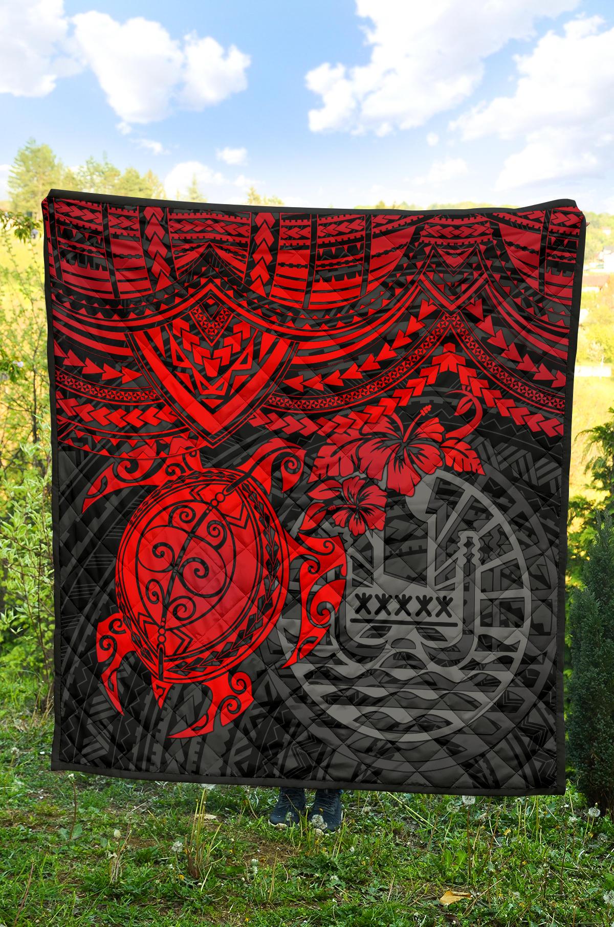 Tahiti Polynesian Premium Quilt - Tahiti Flag & Red Turtle Hibiscus - Polynesian Pride