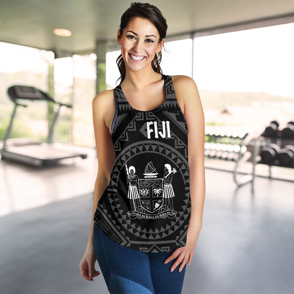 Fiji Women's Racerback Tank - Fiji Seal With Polynesian Tattoo Style (Black) Black - Polynesian Pride