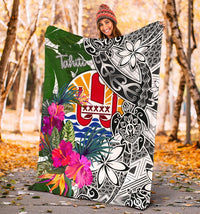 Tahiti Premium Blanket White - Turtle Plumeria Banana Leaf - Polynesian Pride
