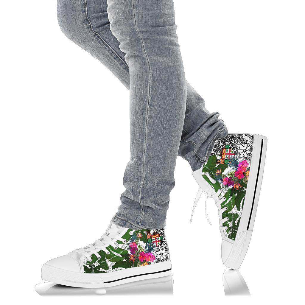 Fiji High Top Shoes White - Turtle Plumeria Banana Leaf Crest - Polynesian Pride