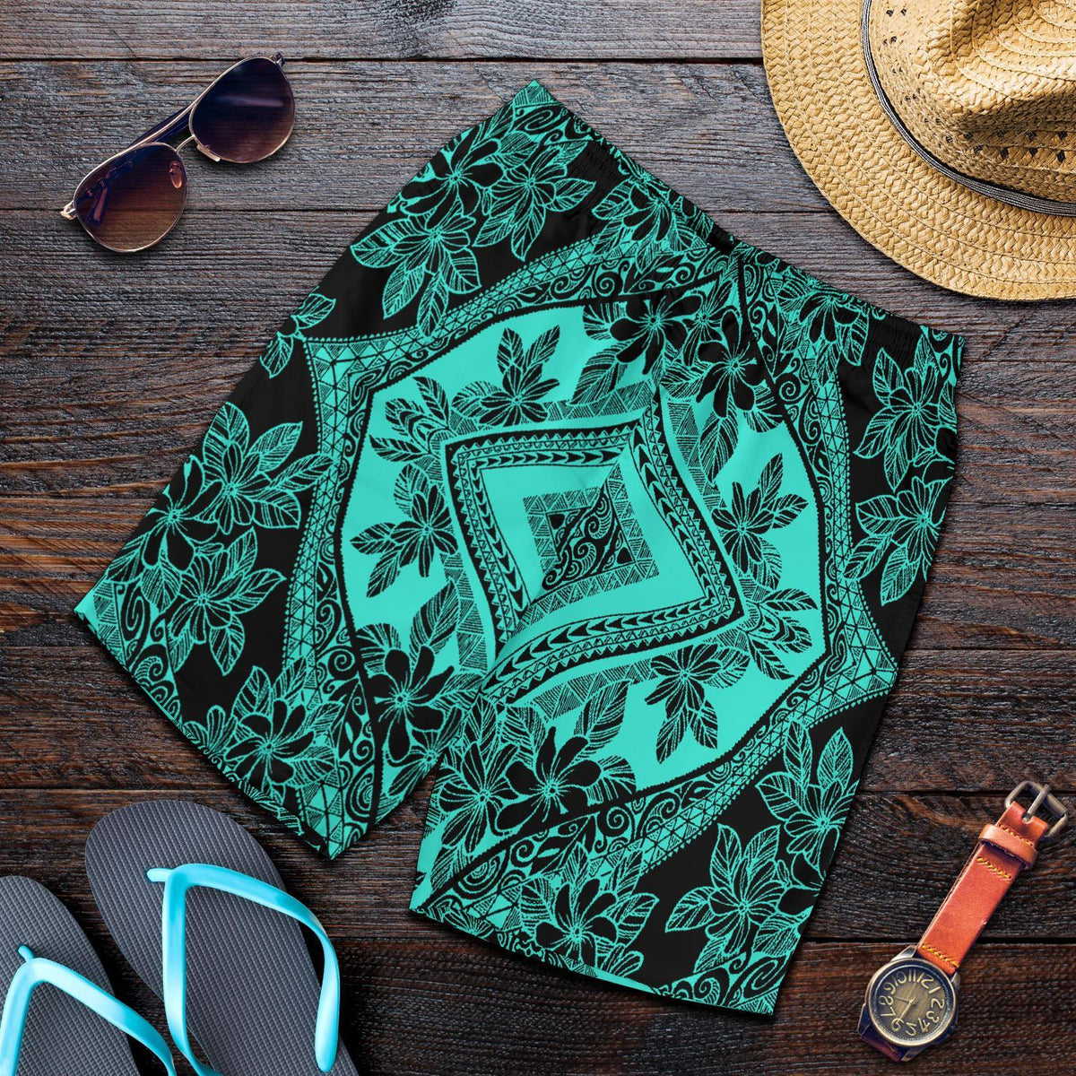 Polynesian Plumeria Mix Turquoise Black Men's Short - Polynesian Pride