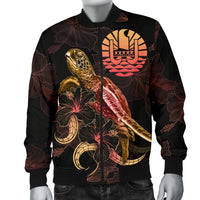 Tahiti Polynesian Men's Bomber Jacket - Turtle With Blooming Hibiscus Gold - Polynesian Pride