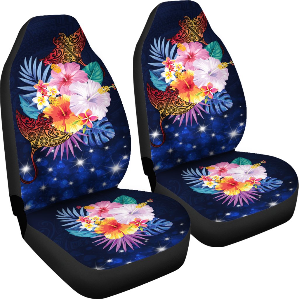 Hawaii Couple Manta Ray Plumeria Hibiscus Tropical Polynesian Car Seat Cover - Bling Style - AH Universal Fit Blue - Polynesian Pride