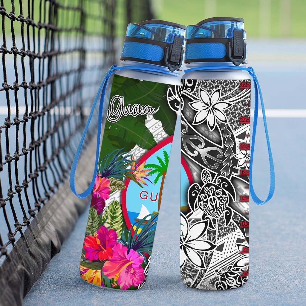 Guam Hydro Tracking Bottle White - Turtle Plumeria Banana Leaf - Polynesian Pride