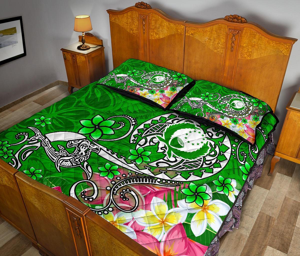 Pohnpei Quilt Bed Set - Turtle Plumeria (Green) - Polynesian Pride