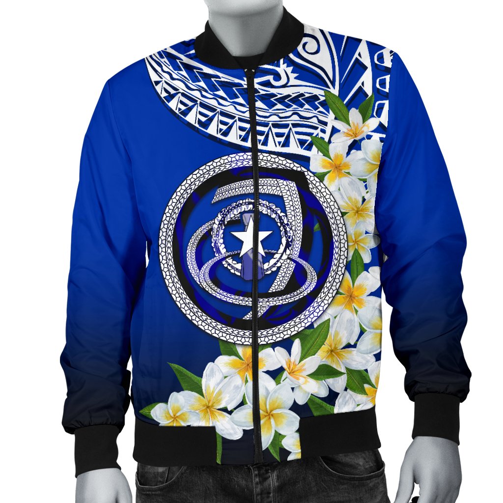 Northern Mariana Islands Men's Bomber Jacket - Polynesian Plumeria Pattern - Polynesian Pride