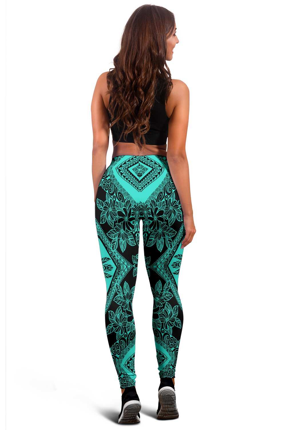 Polynesian Plumeria Mix Turquoise Black Hawaii Women's Leggings AH - Polynesian Pride