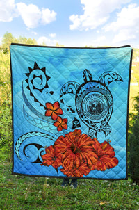 Hawaiian Map Kanaka Sea Turtle Seal Of Hawaii Hibiscus Plumeria Polynesian Quilt - Polynesian Pride