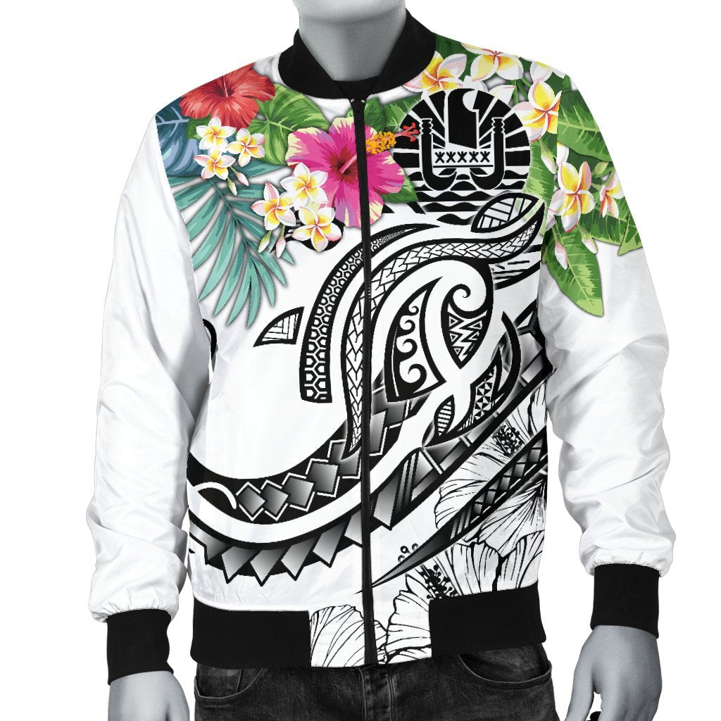 Tahiti Polynesian Men's Bomber Jacket - Summer Plumeria (White) - Polynesian Pride