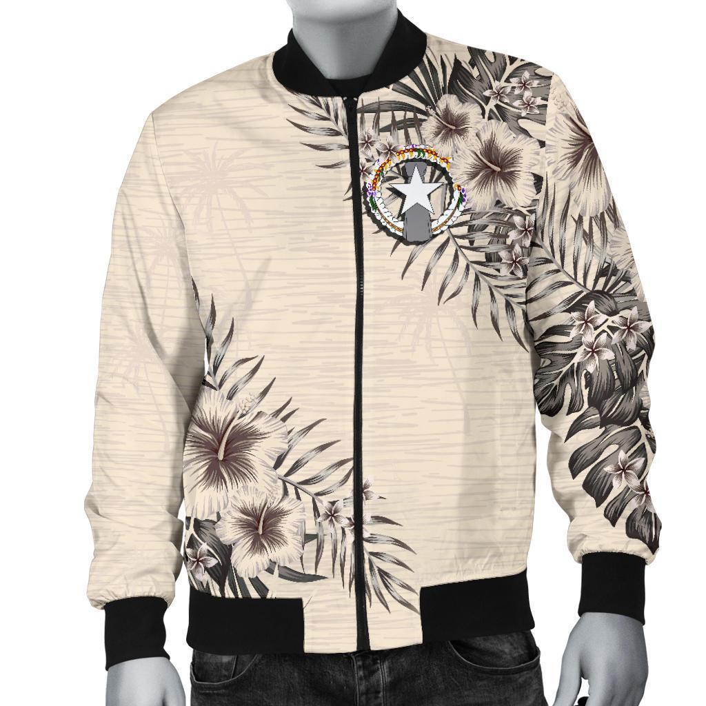 Northern Mariana Islands Men's Bomber Jacket - The Beige Hibiscus Beige - Polynesian Pride