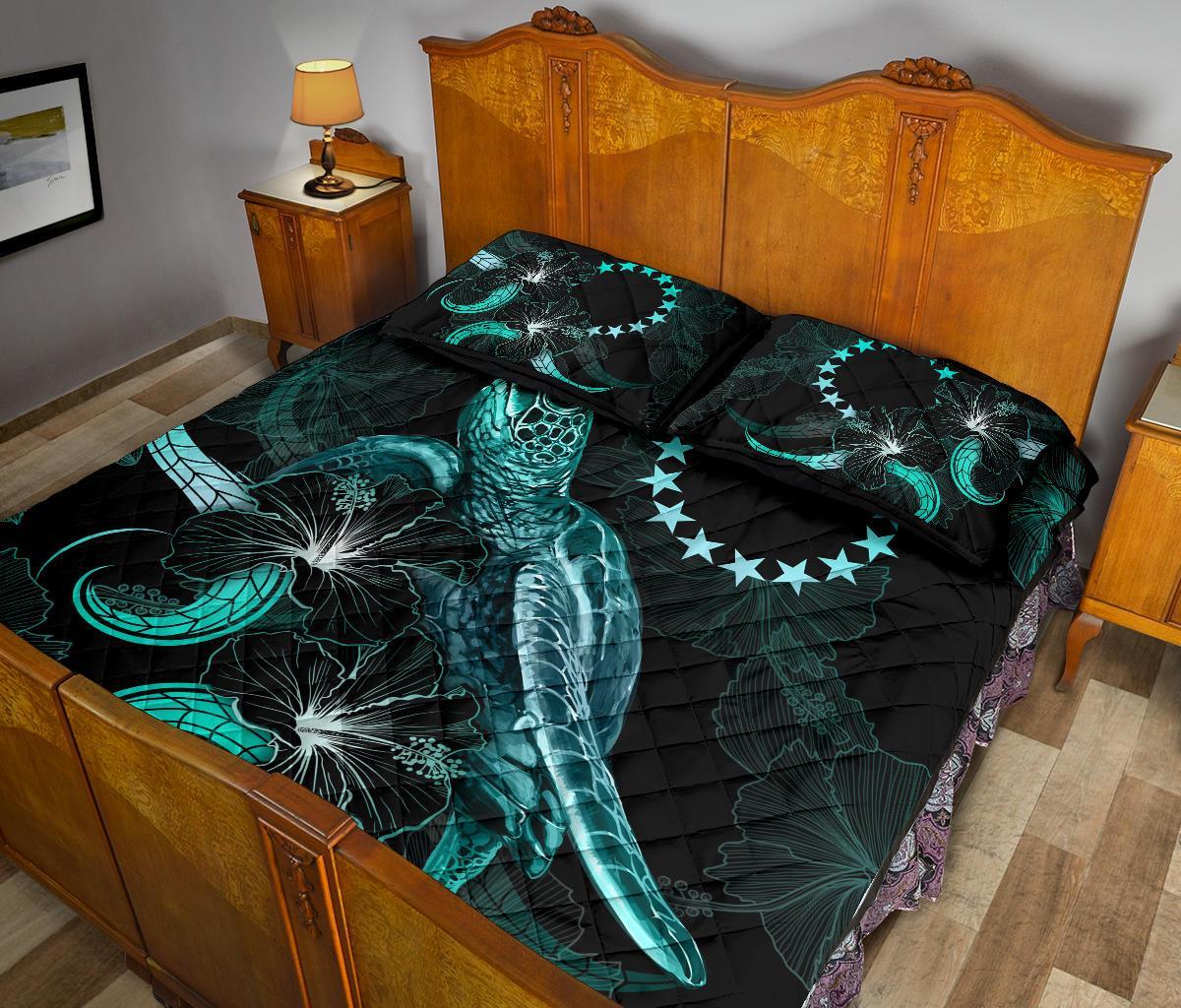 Cook Islands Polynesian Quilt Bed Set - Turtle With Blooming Hibiscus Turquoise - Polynesian Pride