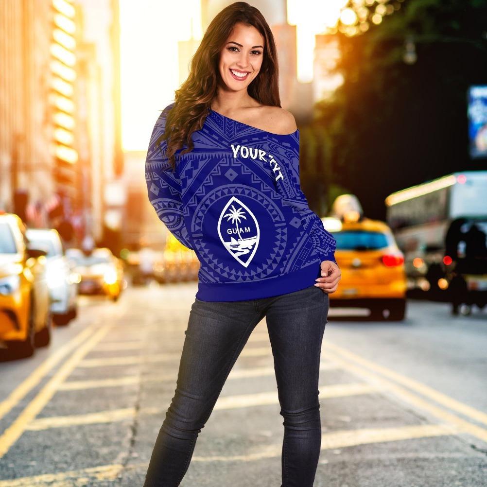 Guam Personalised Women's Off Shoulder Sweater - Guam Seal With Polynesian Tattoo Style (Blue) Blue - Polynesian Pride