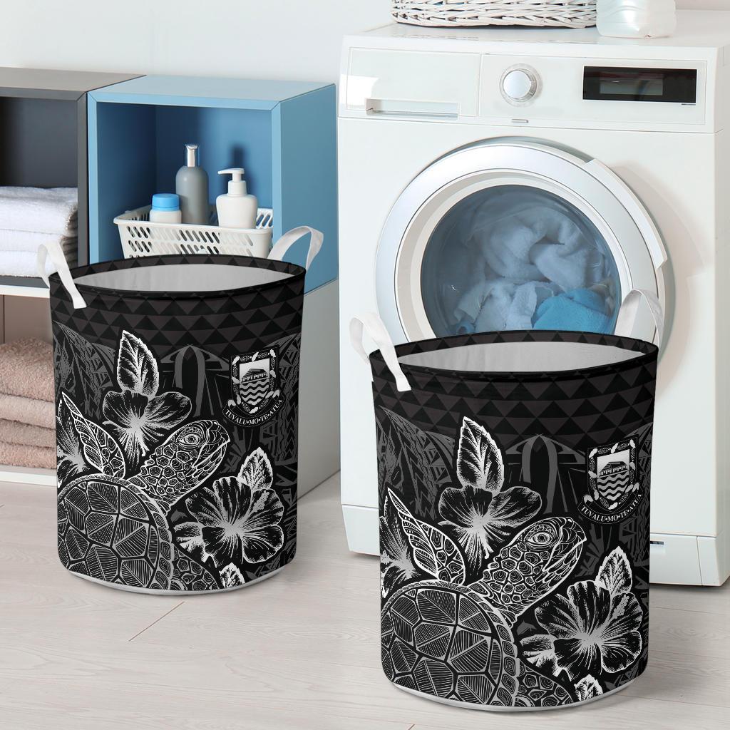 Tuvalu Laundry Basket - Polynesian Turtle Hibiscus Black - Polynesian Pride