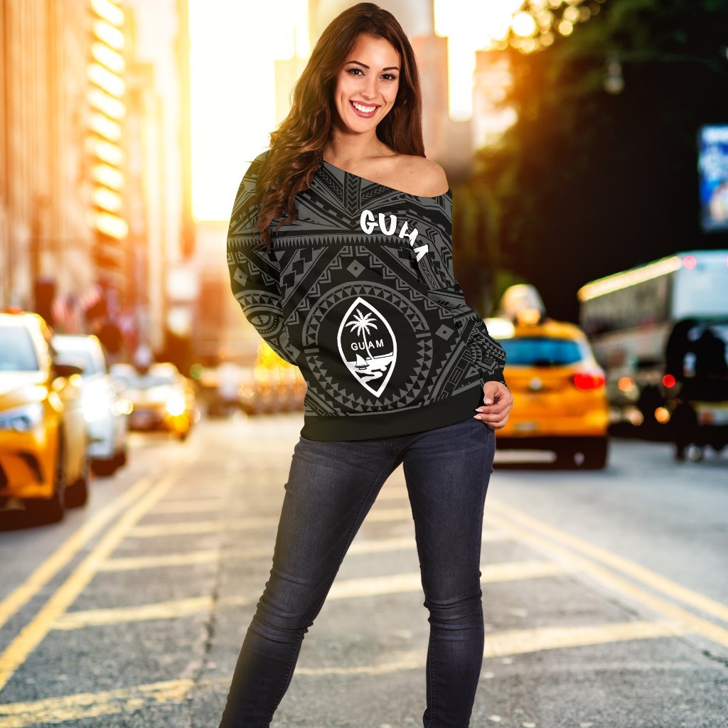 Guam Women's Off Shoulder Sweater - Guam Seal With Polynesian Tattoo Style (Black) Black - Polynesian Pride