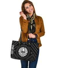 Tahiti Personalised Leather Tote Bag - Tahiti Seal In Polynesian Tattoo Style (Black) - Polynesian Pride