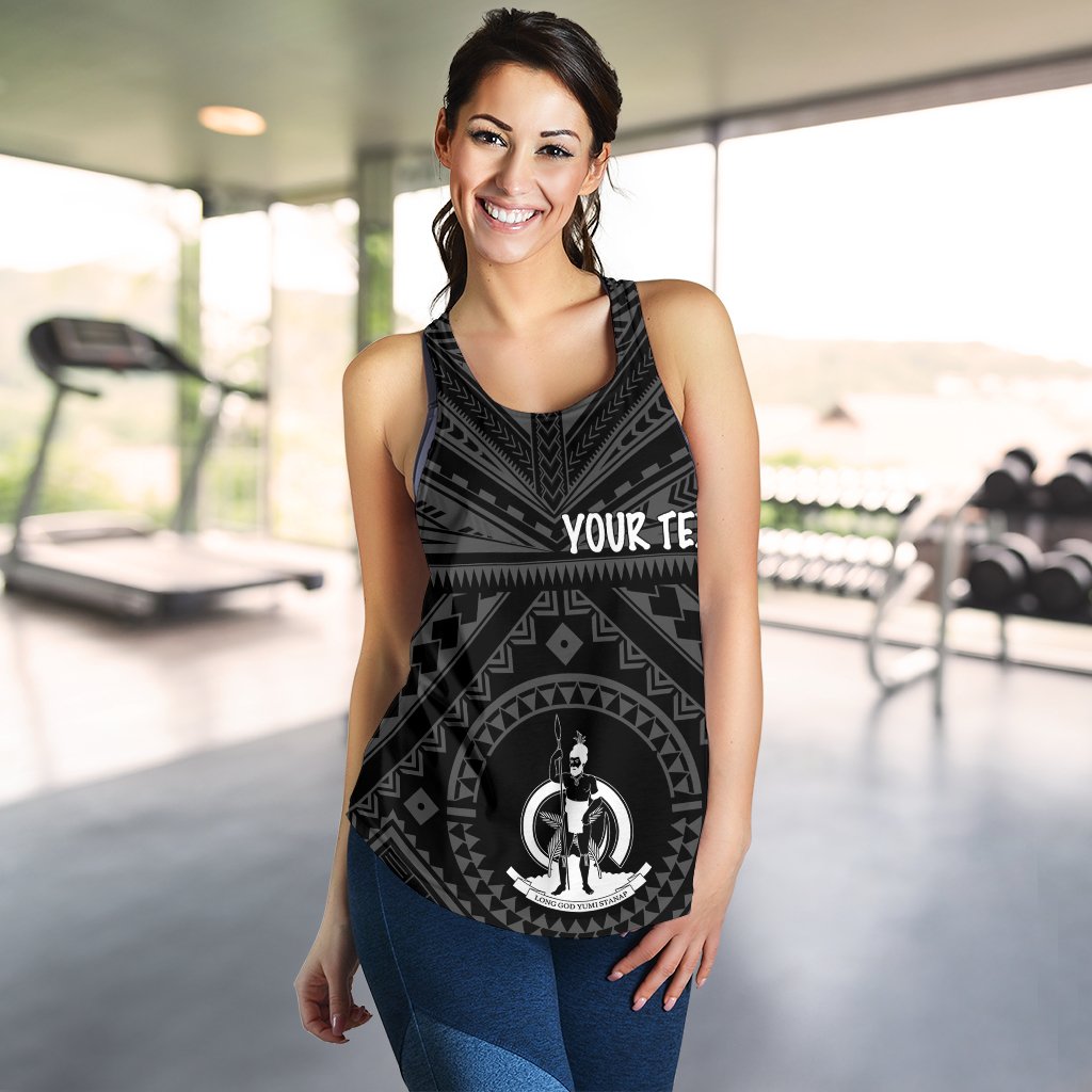 Vanuatu Personalised Women's Racerback Tank - Vanuatu Seal With Polynesian Tattoo Style Black - Polynesian Pride