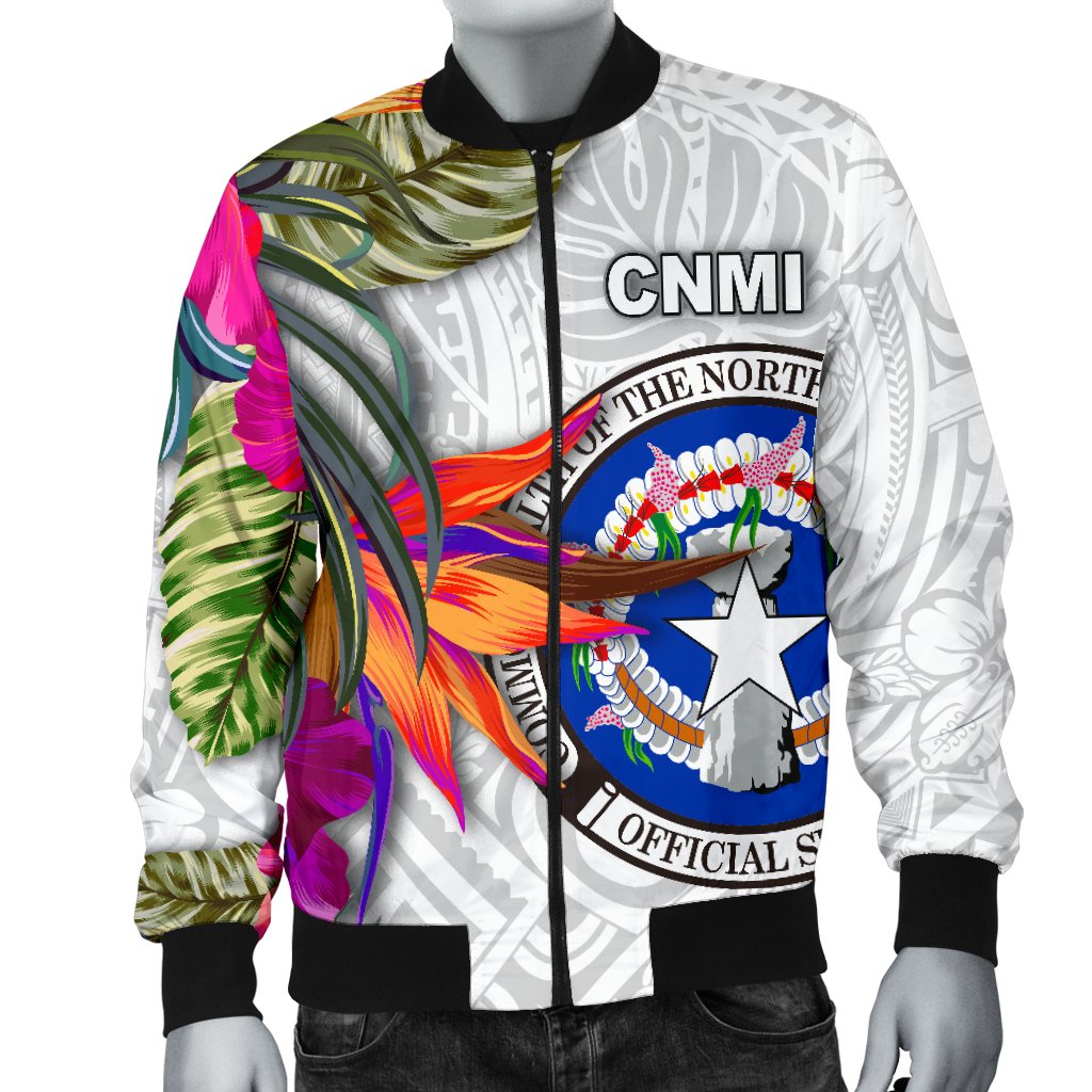 Northern Mariana Islands Men's Bomber Jacket Polynesian Hibiscus White Pattern - Polynesian Pride
