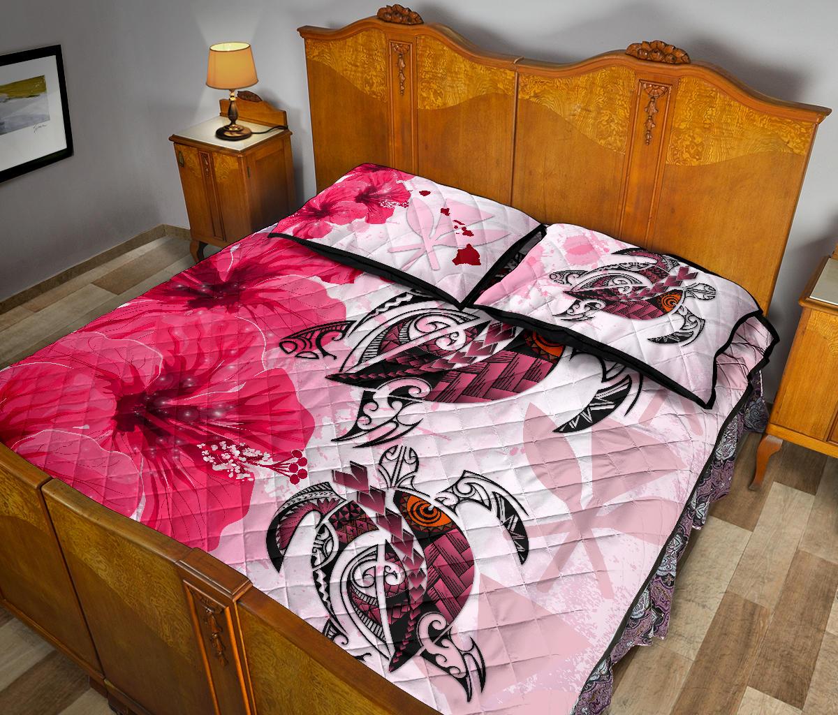 Hawaii Quilt Bed Set - Polynesia Turtle Hibiscus Pink - Polynesian Pride