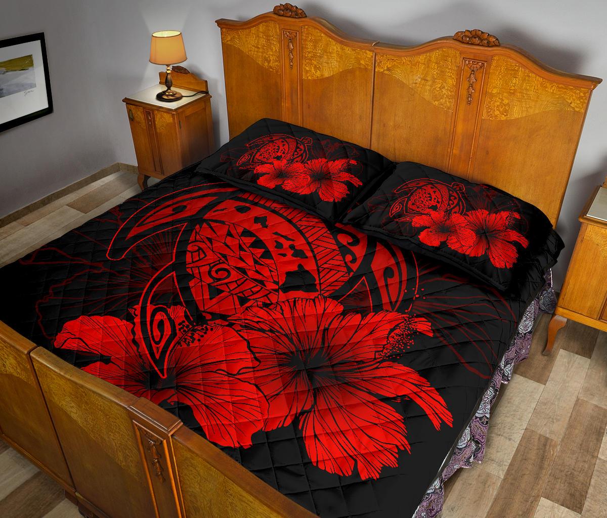Hawaiian Map Turtle Hibiscus Polynesian Quilt Bedding Set - Red - Polynesian Pride