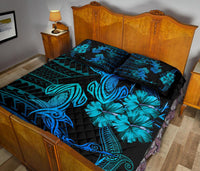 Hawaii Couple Shark Hibiscus Polynesian Quilt Bed Set - Blue - Mina Style - AH - Polynesian Pride