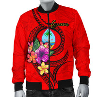 Guam Polynesian Men's Bomber Jacket - Floral With Seal Red - Polynesian Pride