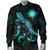 Marshall Islands Polynesian Men's Bomber Jacket - Turtle With Blooming Hibiscus Turquoise - Polynesian Pride