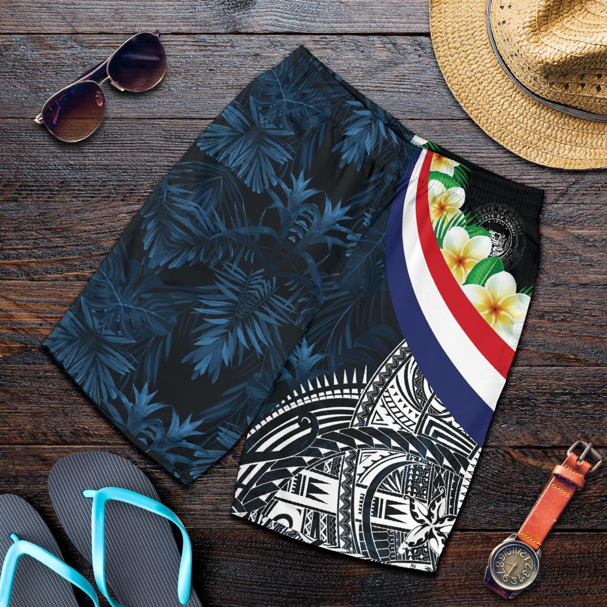 Polynesian Hawaii Men's Shorts - Hawaii Seal With Plumeria Style Black - Polynesian Pride