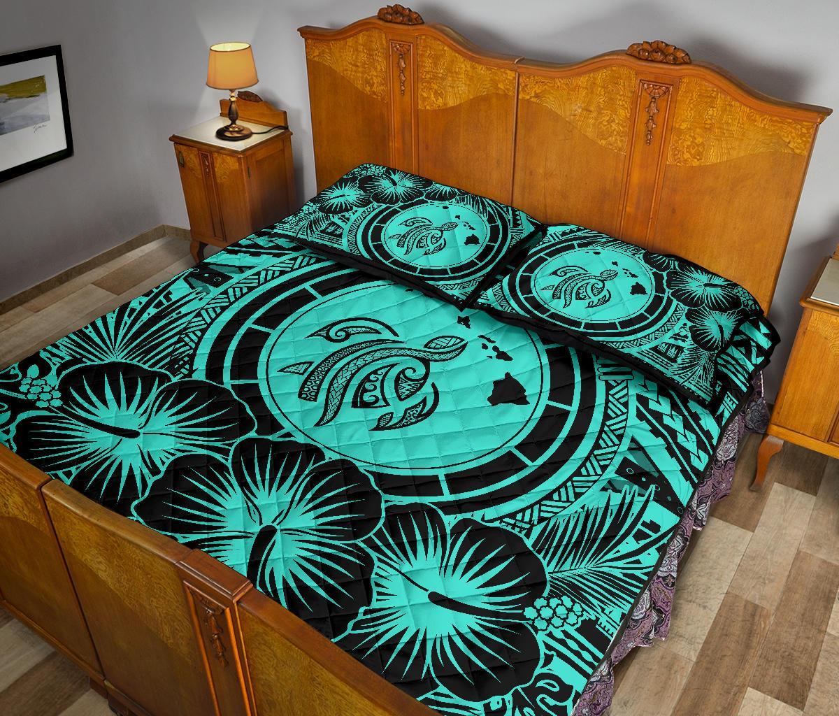Hawaiian Map Honu Hibiscus Turquoise Polynesian Quilt Bed Set - Polynesian Pride