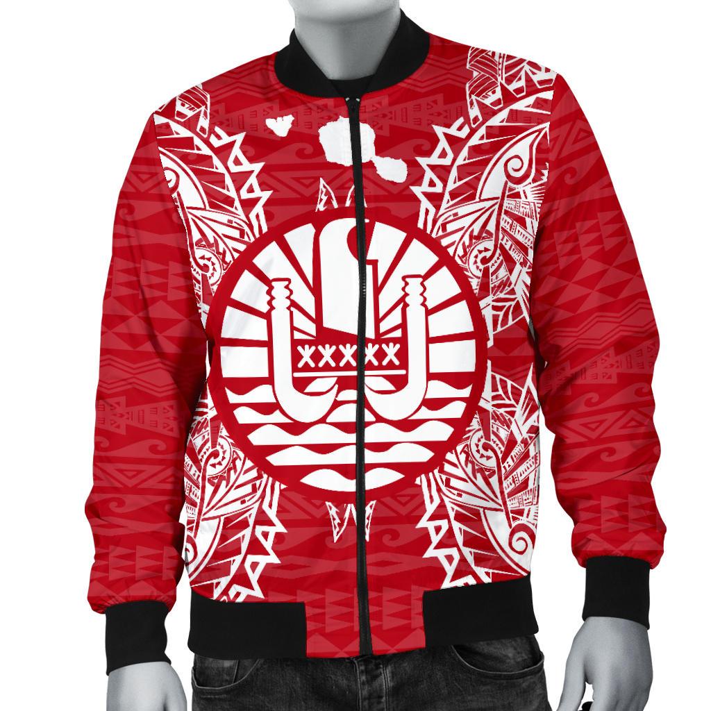 French Polynesia Polynesian Men's Bomber Jacket Map Red White - Polynesian Pride