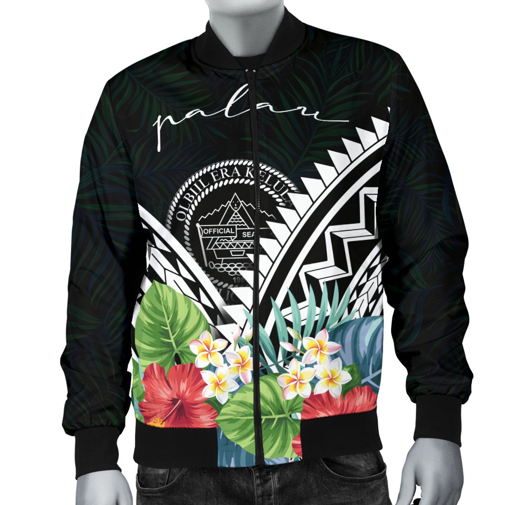 Palau Men's Bomber Jacket - Palau Caledonia Coat of Arms & Polynesian Tropical Flowers White - Polynesian Pride