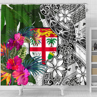 Fiji Shower Curtain White - Turtle Plumeria Banana Leaf - Polynesian Pride
