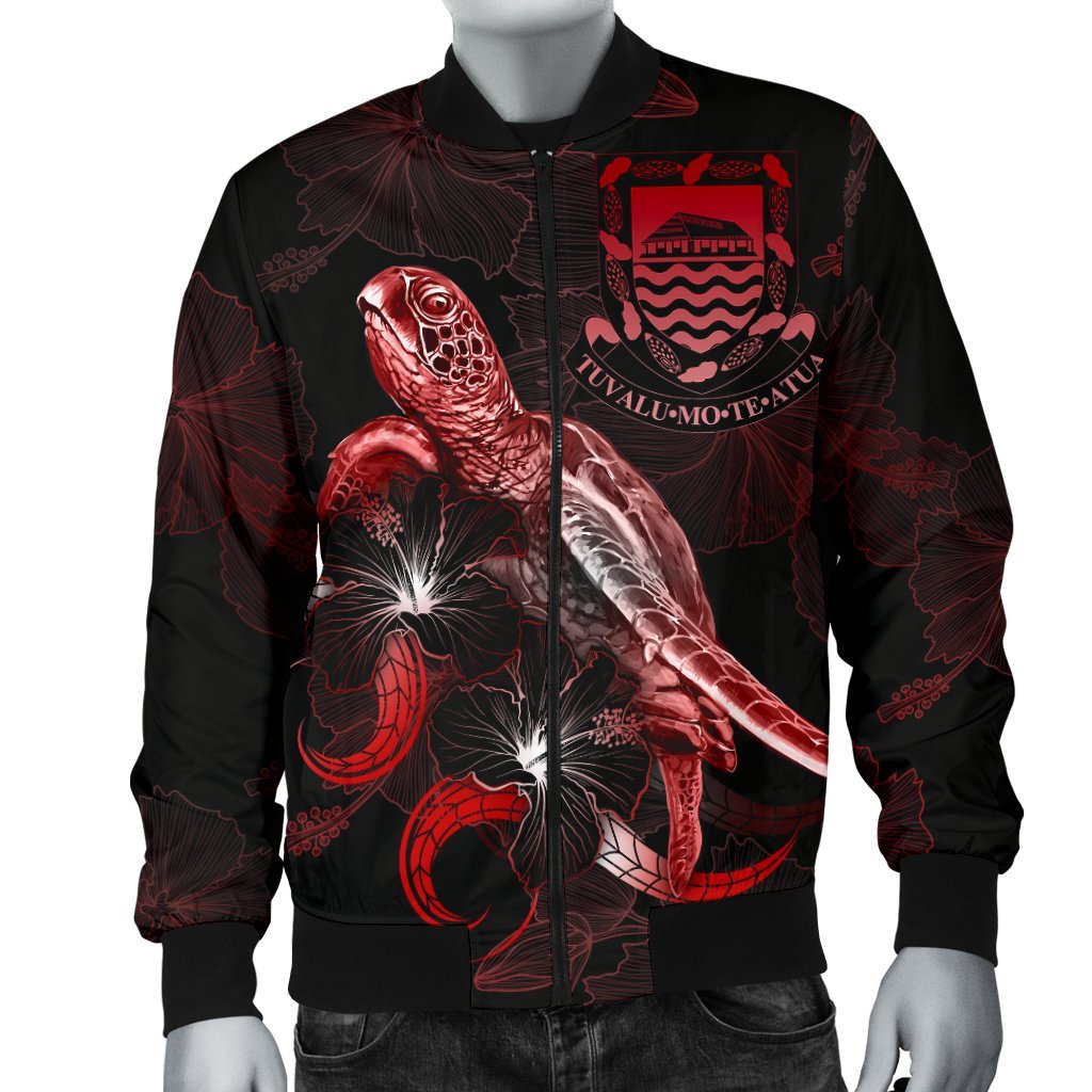 Tuvalu Polynesian Men's Bomber Jacket - Turtle With Blooming Hibiscus Red - Polynesian Pride