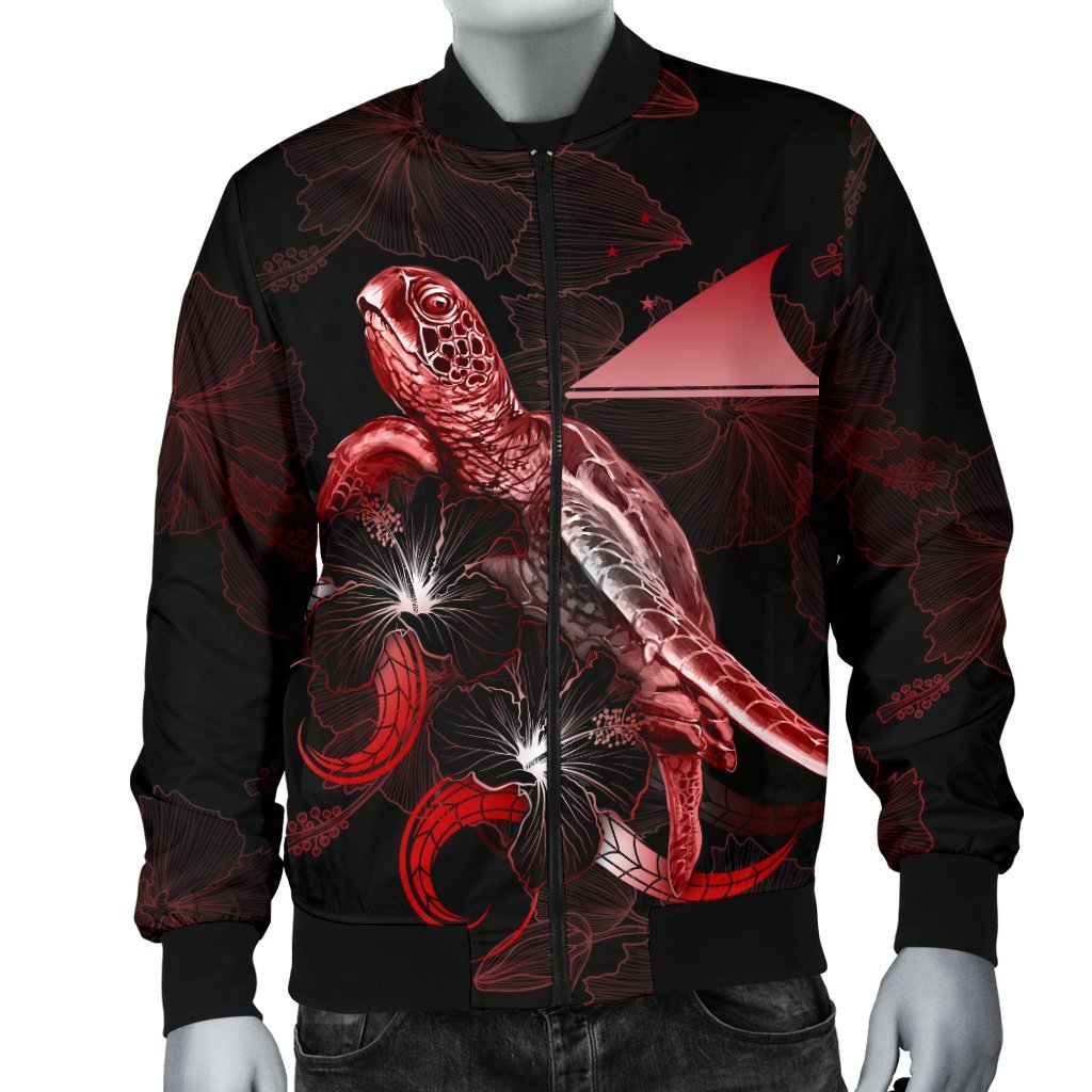 Tokelau Polynesian Men's Bomber Jacket - Turtle With Blooming Hibiscus Red - Polynesian Pride