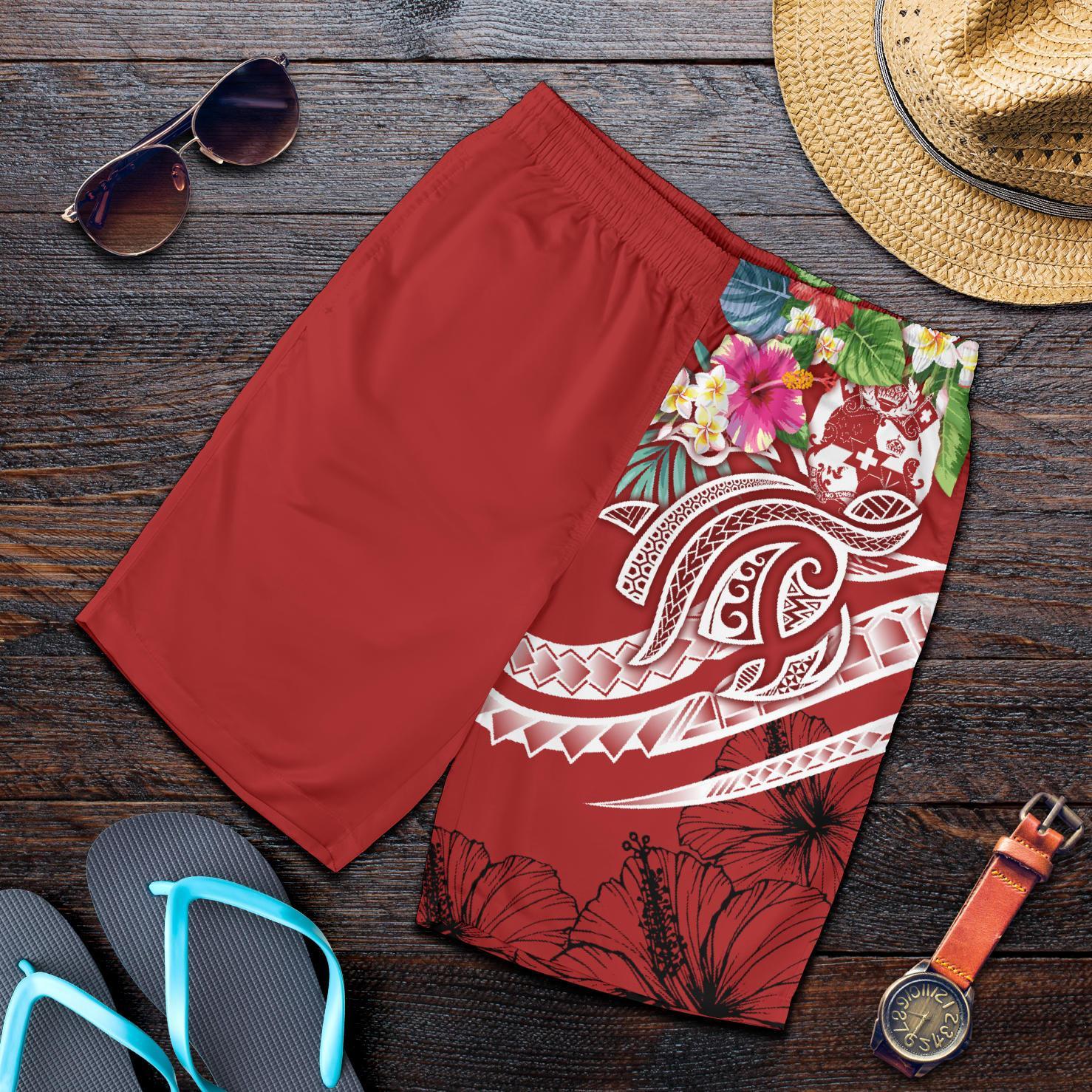 Tonga Polynesian Men's Shorts - Summer Plumeria (Red) Red - Polynesian Pride